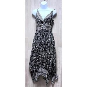 Angie Black White Paisley Print Smocked Bodice Hanky Hem Maxi Dress Women